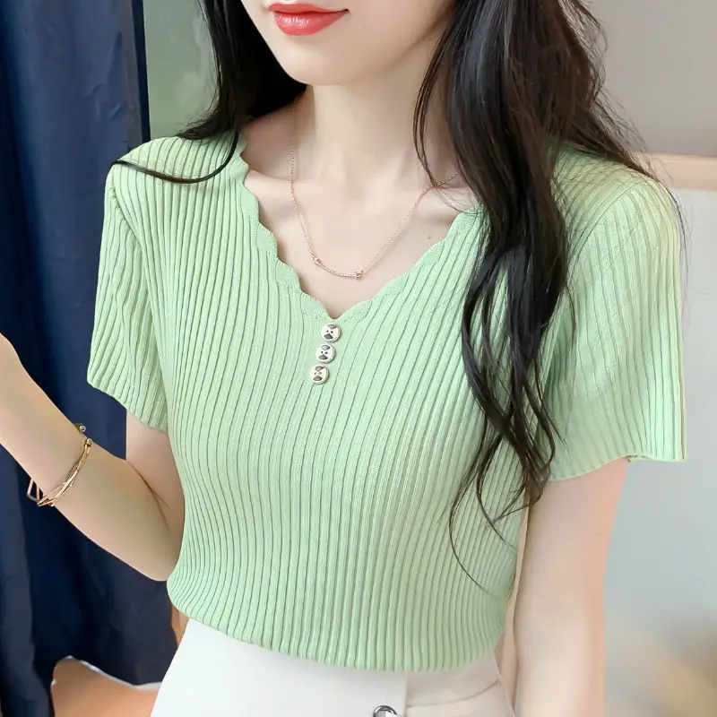 Korean Fashion Temperament Simple Summer Thin Ice Silk Short Sleeve T-shirt Women\'s Solid V-neck Patchwork Button Loose Knit Top