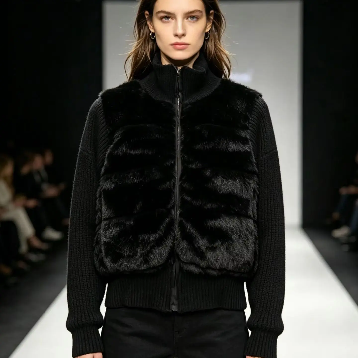 Women Knit‑Spliced Faux‑Mink‑Fur Padded Cropped Outerwear For Winter Street Office Commuter Daily Casual Wear Women's Jacket