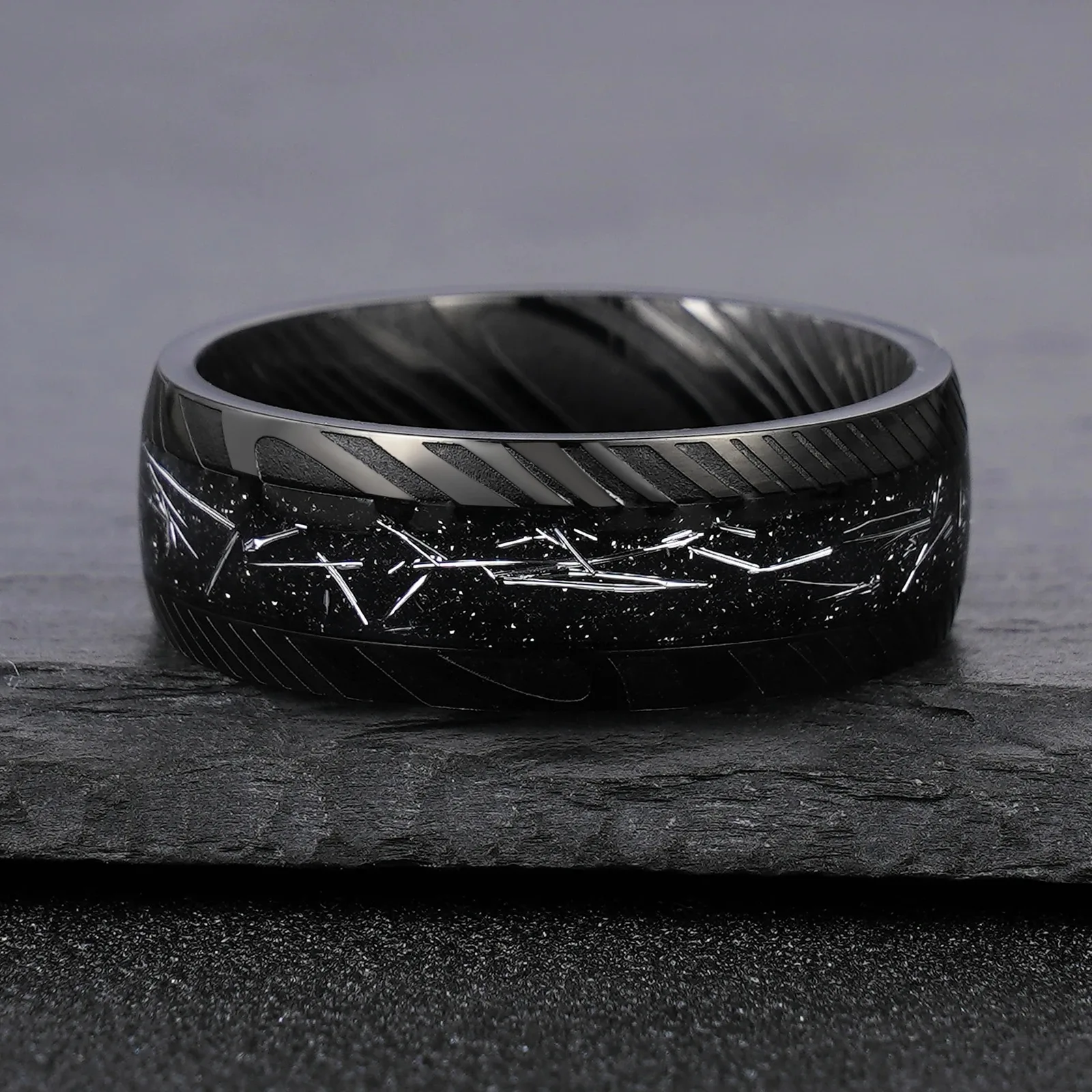 Customized 8mm Width Black Stainless Steel Damascus Ring for Men Inlay Meteorite Boyfriend Gift Size 7-12