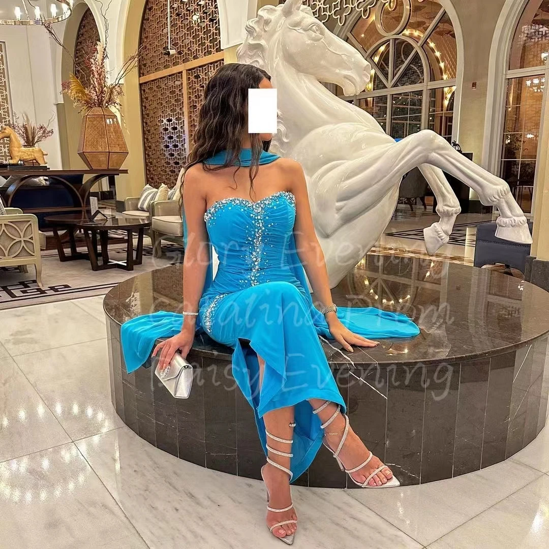 Elegant Sky Blue Evening Dress Sweetheart Prom Dresses gala Floor Length Beading Saudi Arabia Women's Formal Wedding Party Dress