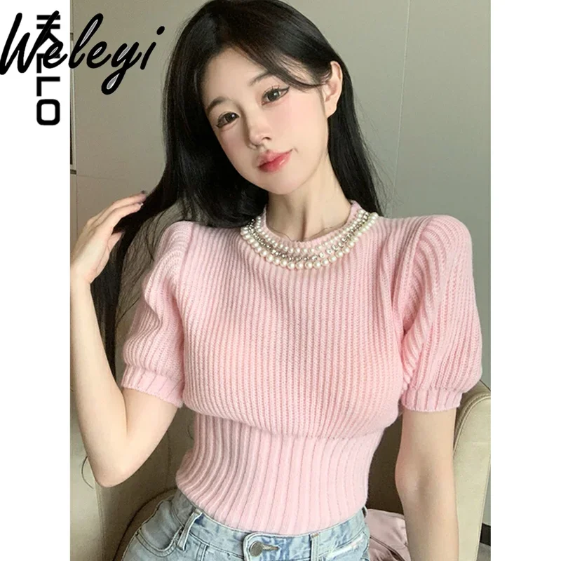 

Sweet Beaded Pearls Round Neck Pink Bubble Sleeve T-shirt Women 2025 New Summer Chic Short Sleeve Front Shoulder Knit Top Woman