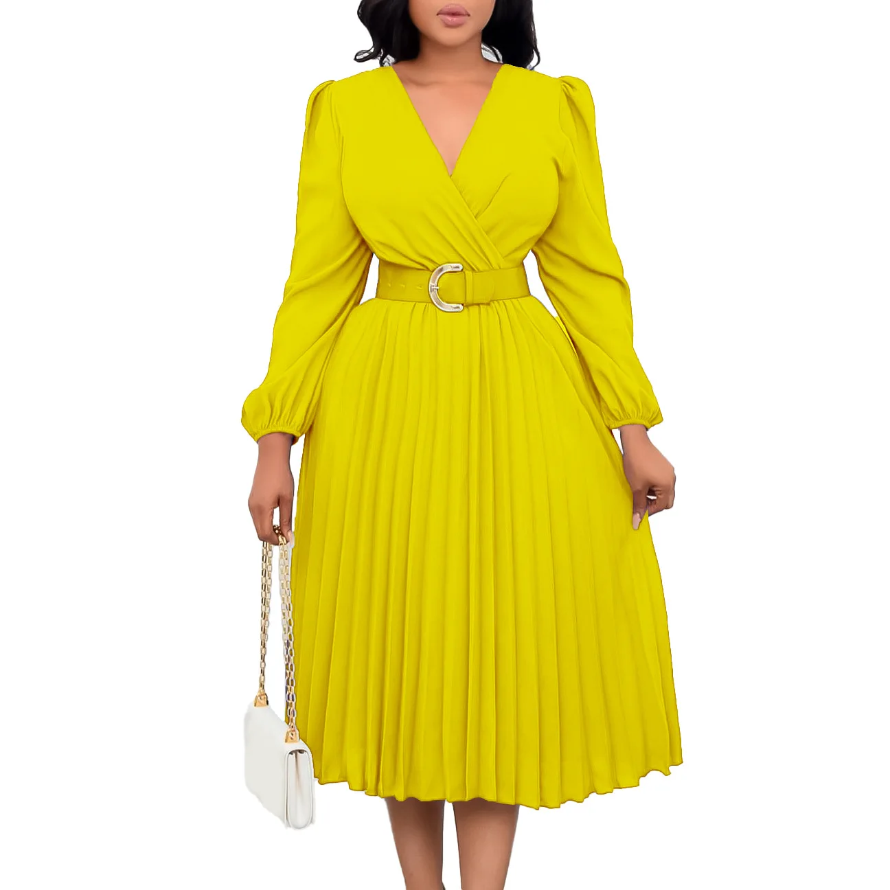 

Autumn Fashion Elegant Women's A-line Dress V-neck Long Sleeved Solid Pleated Party Commuter Dress African Women