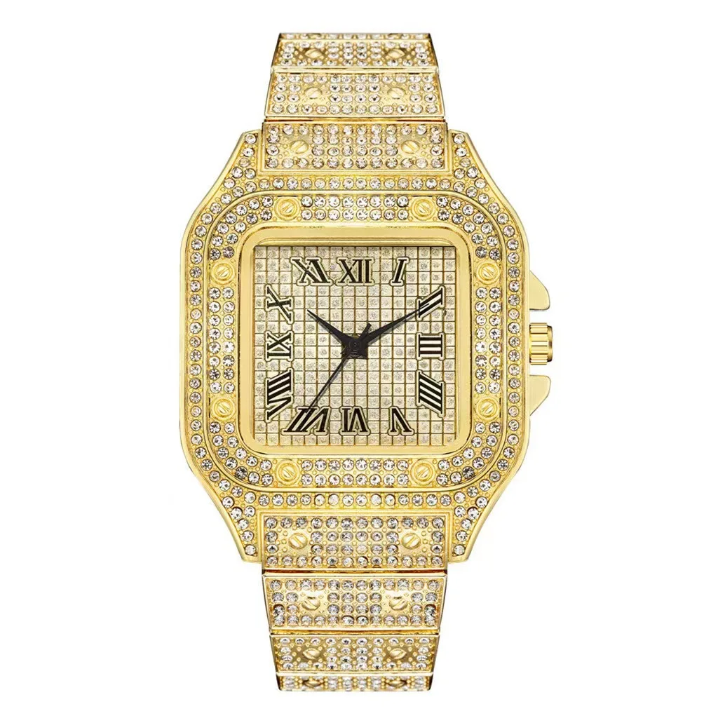 Hip Hop Square Watches for Men Luxury Iced Out Watch Calendar Business Wristwatches Clock Hours