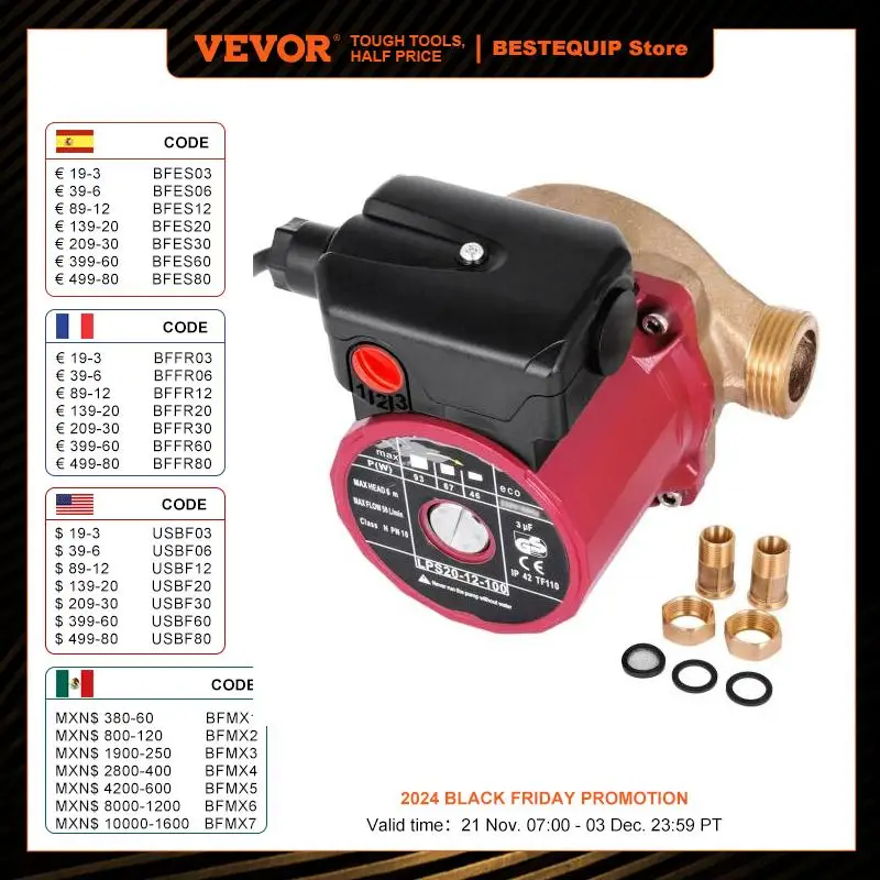 VEVOR Pompe de Surpression Silencieux Pompe à Eau Surpresseur Domestique avec Débit Maximal 50 L/min