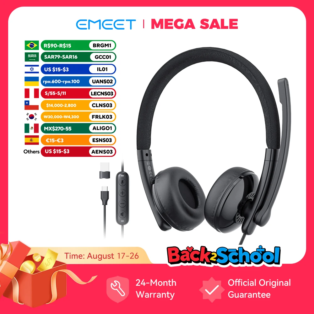 EMEET Kabelgebundenes Headset mit Mikrofon, Call-Center, USB-Kopfhörer, ENC-Kopfhörer mit Geräuschunterdrückung, Bürokabel für Telefon/PC, Computer
