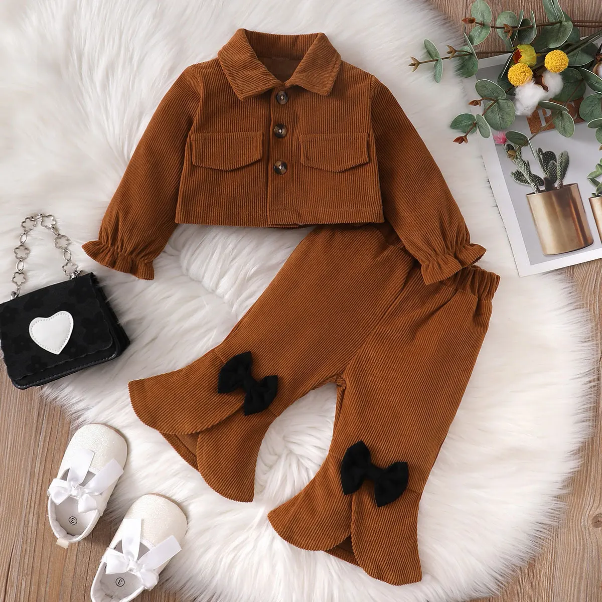 0-2-year-old newborn baby girls autumn and winter brown long-sleeved cardigan lapel jacket bow pants fashion suit