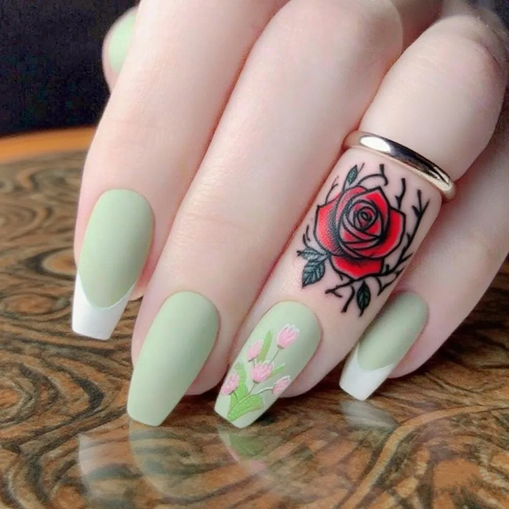 

Green French Press-On Fake Nails – Matte Long Coffin Tips with Adhesive for DIY Manicures Woman Finger Styling