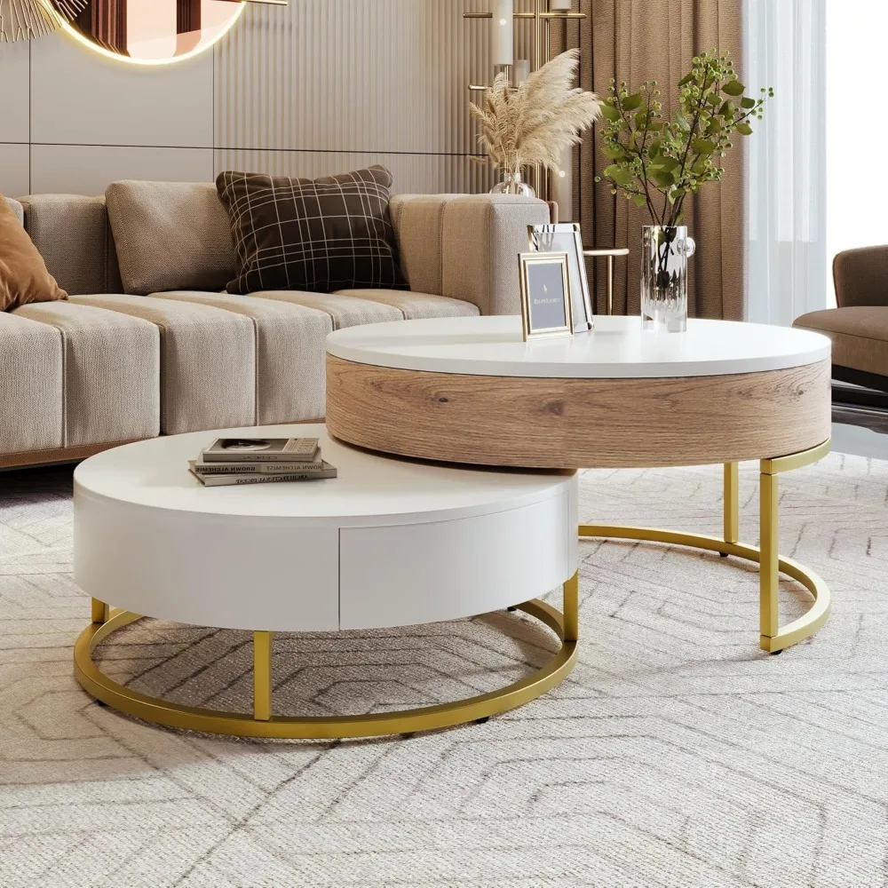 Modern Round Lift-top Nesting Coffee Tables with 2 Drawers for Living Room