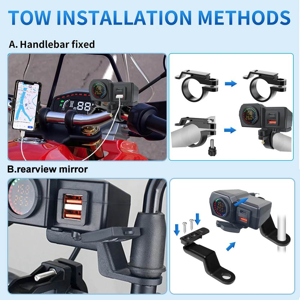 Color Display Dual QC3.0 PD Motorcycle Charger Fast Charging Voltmeter Thermometer Digital Display Mobile Phone Charger Socket