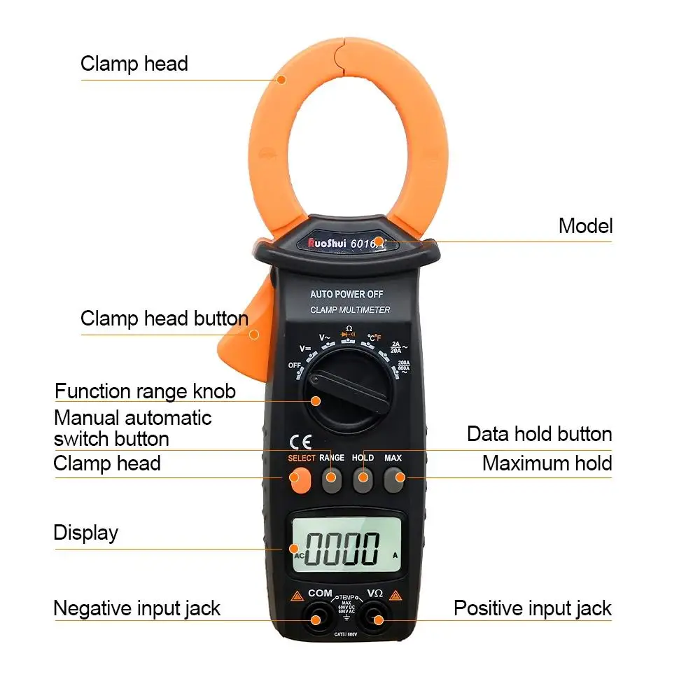 Ruoshui 6016a + Klem Meter Automatisch Bereik Ac Dc Spanningsstroom Ampèremeter Ohm Temp Capaciteit Hz Tester Klem Ampèremeter