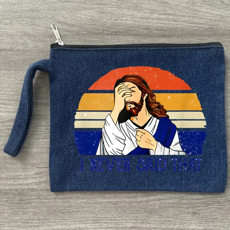 

Jesus I Saw That Pattern Canvas Storage Bags Travel Denim Cosmetic Bag Fun Zipper Pouch Office Supplies Pencil Case Wallet