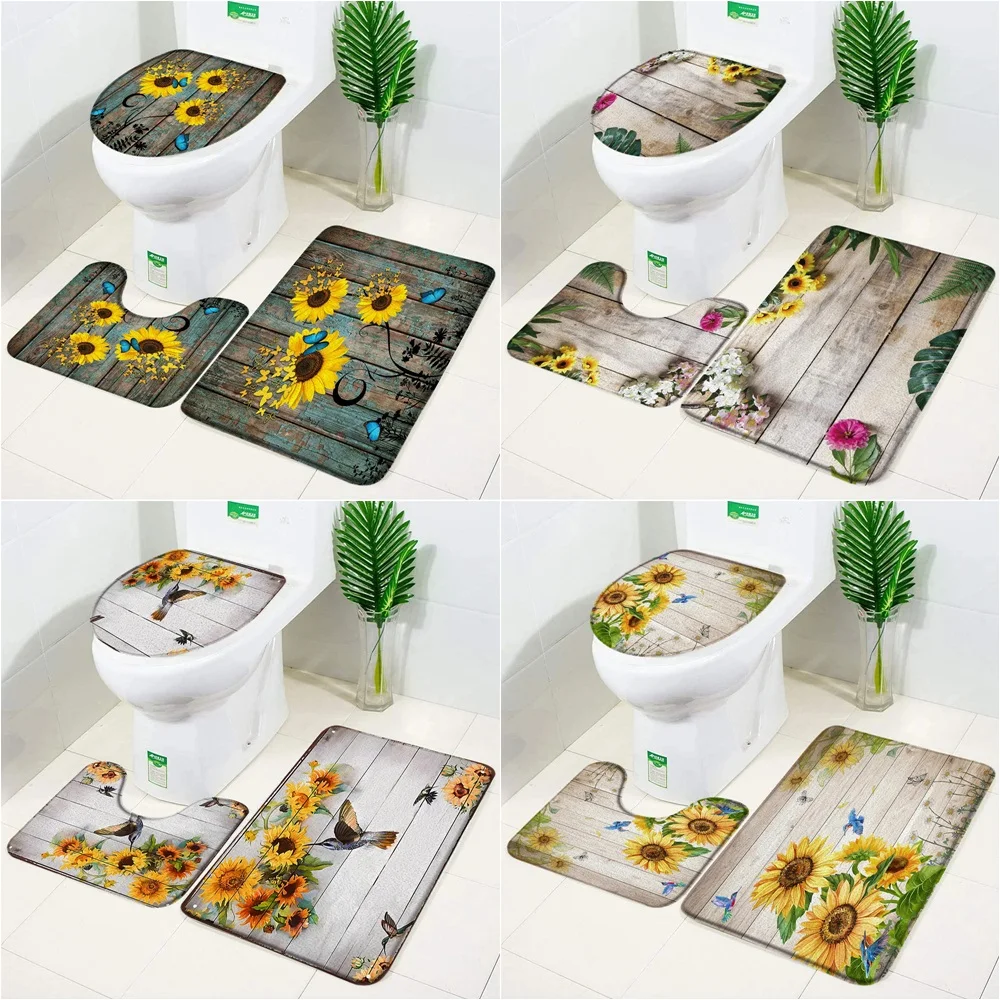 

Yellow Sunflower Bathroom Three-piece set Sunflower Bathroom Floor mat Toilet seat mat Foot mat Bathroom Decor