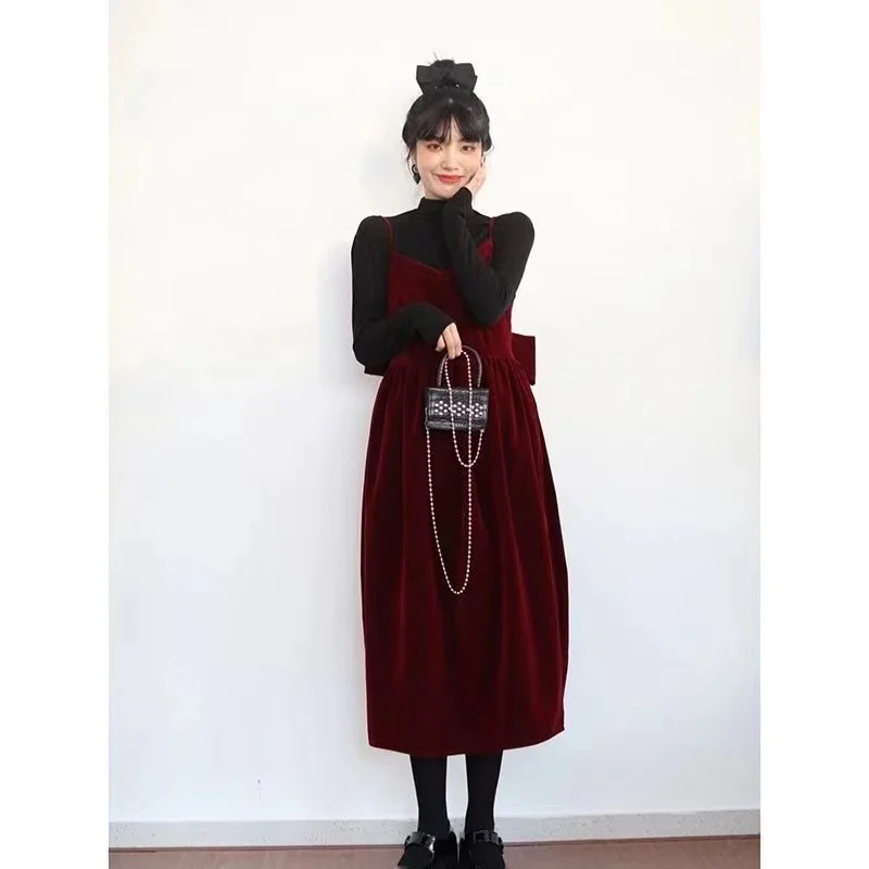 Vestido vintage de veludo com alça de espaguete feminino, vestido sem costas, vestido de cabeçada, moda coreana, vermelho escuro, festa, Y2K