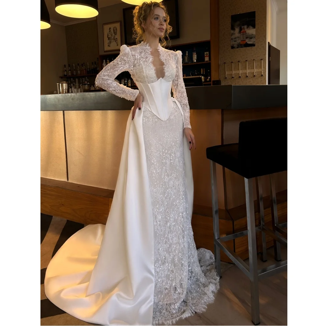 

Elegant Wedding Dresses Lace Sequined Bridal Gown Detachable Train Corset Engagement Party Dress 2 Pcs robe de mariée Customized