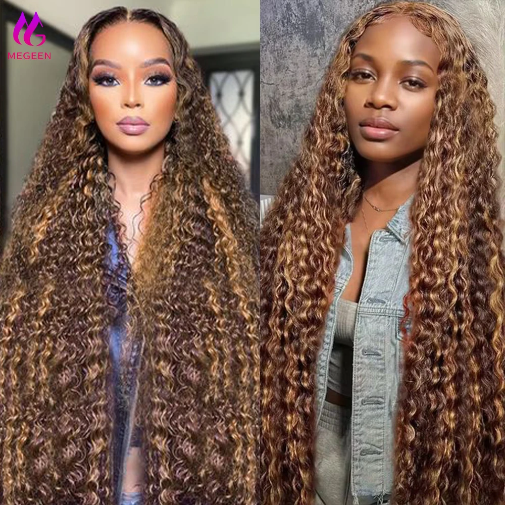 شعر مستعار مموج من الماء Megeen مع دانتيل أمامي شفاف ، شعر بشري ، عسل أشقر ، لون أومبير ، P4 ، 27 شعر مستعار مبرز ، 13x4