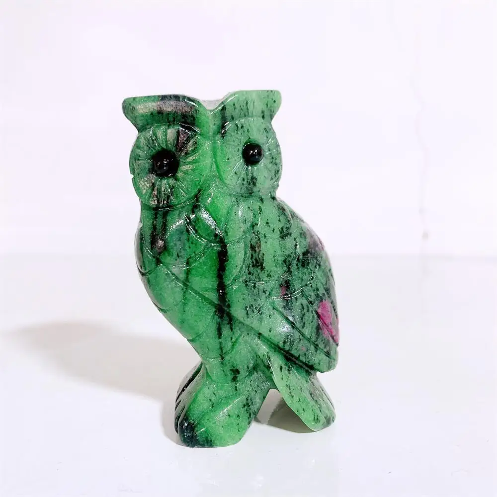 Natural Ruby In Zoisite Owl Figurine Crafts Healing Crystals Carving Halloween Gift Home Decoration 1PCS