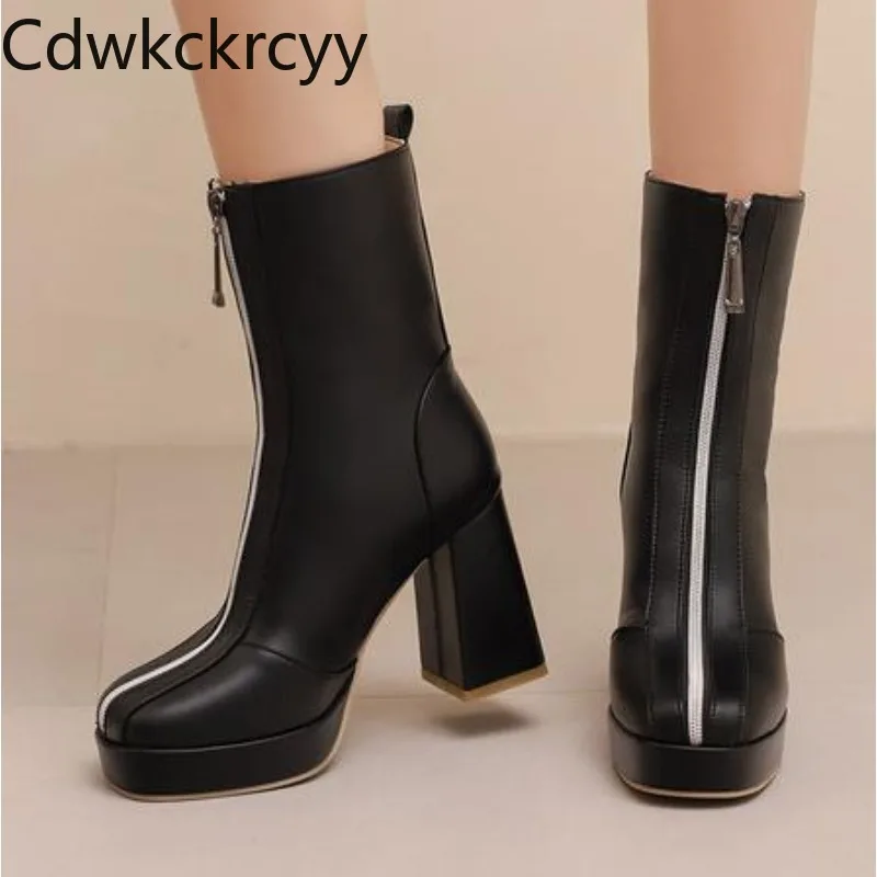 秋と冬の新スタイルのファッションハイヒールの女性のブーツ韓国語バージョンラウンドヘッドフロントジッパースクエアヒールの女性のブーツ