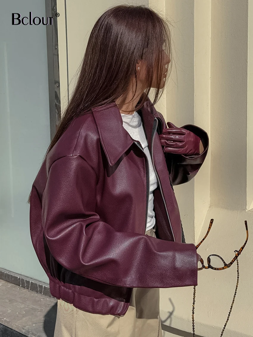 Bclout Autumn Wine Red Leather Jackets Women 2024 Fashion Long Sleeve Loose Faux Leather Coats Casual Solid Pu Zipper Coats Lady