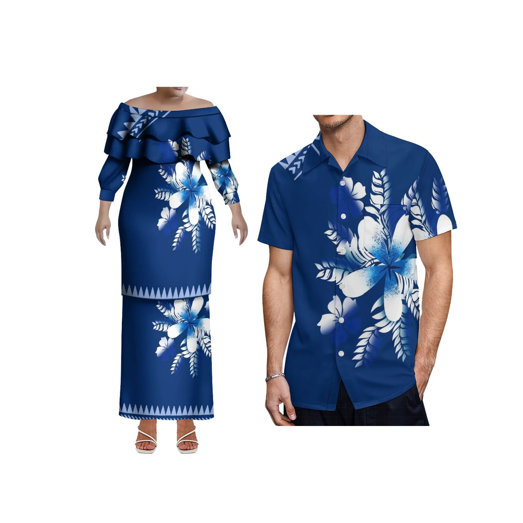 Melhor preço Atacado personalizado tonga puletasi vestido feminino manga longa um ombro dupla camada babado tamanho grande vestido 2 peça conjunto