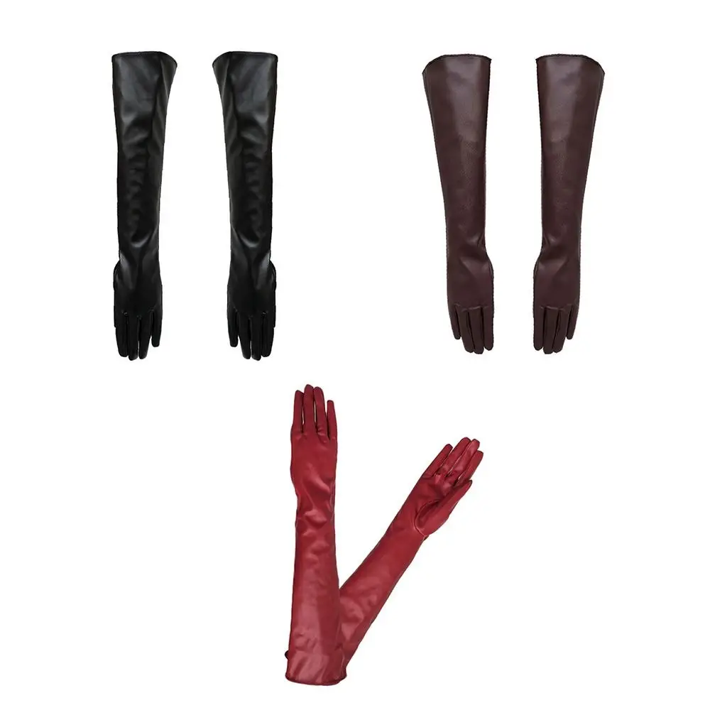 Elegante luvas de cotovelo longo material macio acessórios traje luvas de festa à noite manter quente preto luvas de couro patente