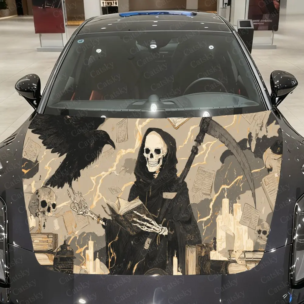 Bold Mystic Reaper Raven Skull Design Car Hood Stickers, Decorative Pattern Car Stickers, Car Self-adhesive Scratch Resistant De