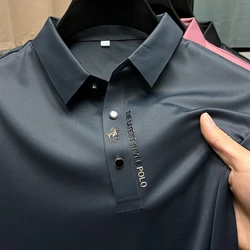 Polo bordado de seda de hielo para hombre, camiseta elástica con cuello tipo Polo, ropa informal de manga corta a la moda coreana, otoño y verano, novedad de 2023