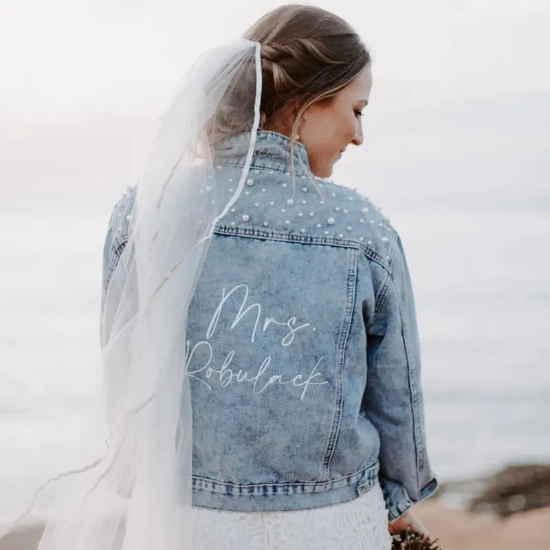 PERSONALIZED Statement Denim Bridal Jacket Custom Name Pearl Detailing MRS Jacket Custom Date Placement On Collar Bride Gift New