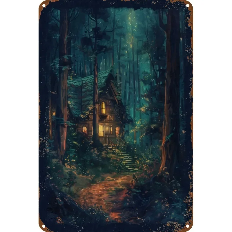 Letrero para colgar en la pared de aluminio del cabaña del bosque encantado, impermeable, preperforado, resistente a la intemperie, 7,9x11,8"/11,8x17,7"