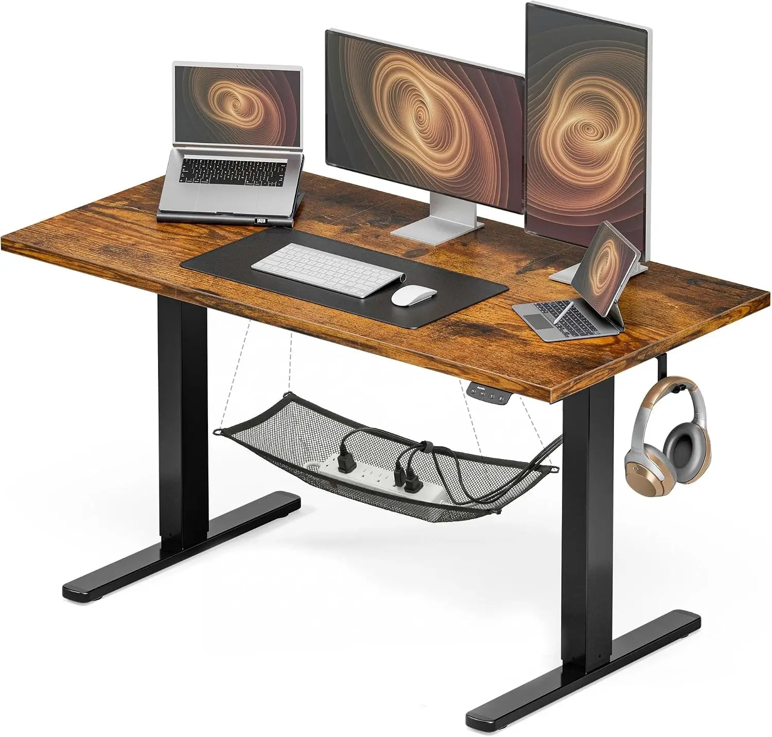 Electric Standing Desk with Cable Management,Rustic Brown Height Adjustable Desk with Memory Presets, Sit Stand Table for Work f