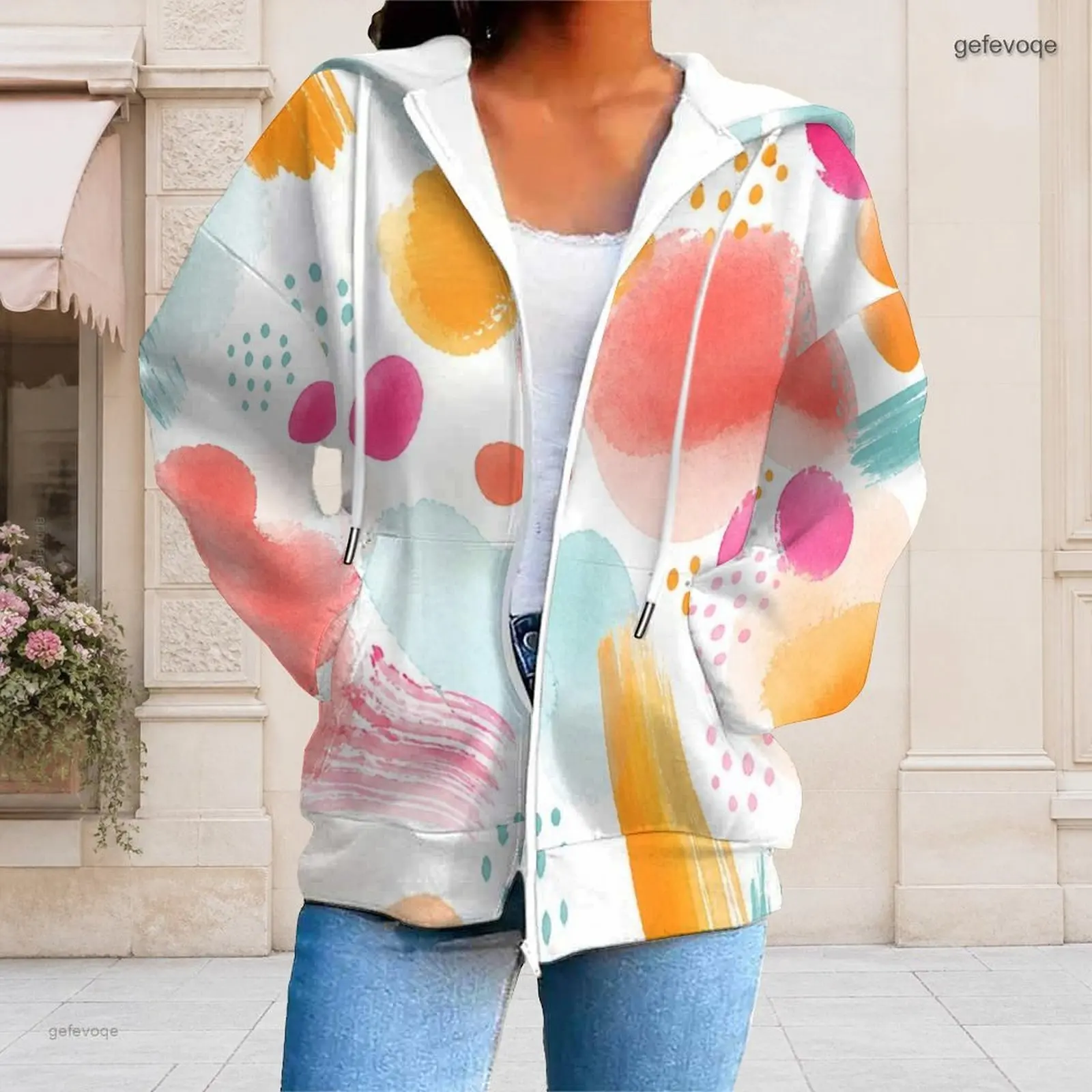 Women Watercolor Abstract Print Zip Up Long Sleeve Hoodie with Pockets