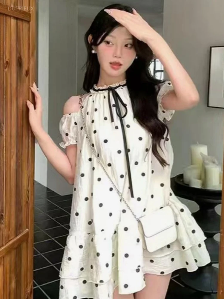 2026 Y2k Aesthetic Wave Point Women Sweet Dress Off Shoulder A-Line Ruffled Vintage Dresses Harajuku Grunge Bandage Bow Vestidos