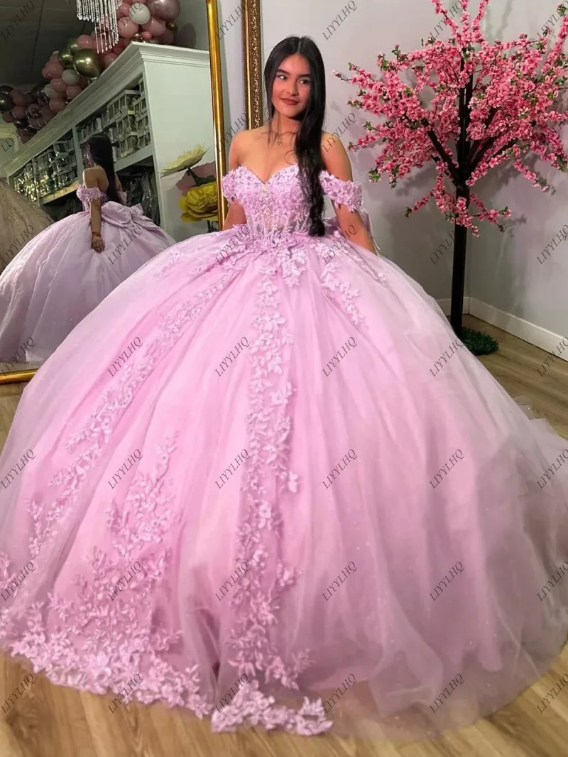 LIYYLHQ Sparkly Pink Off Shoulder Sweetheart Corset Ball Gown Princess Quinceanera Dresses Lace Appliques Beaded Tulle Bow Prom