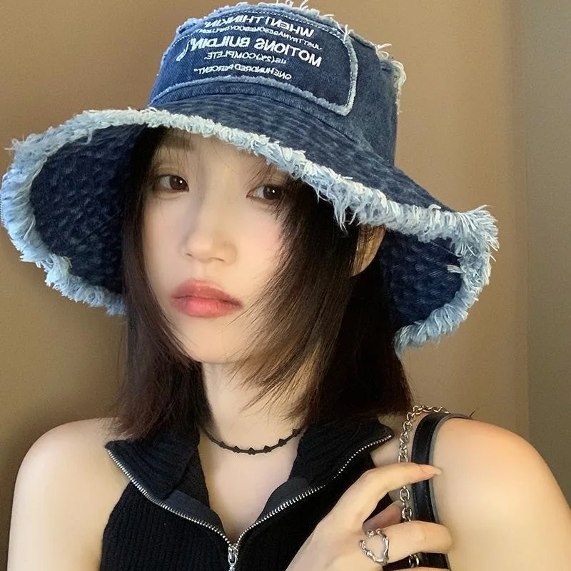 

Simple Denim Frayed Large Brim Breathable Women's Summer Lightweight Fisherman Hat With Elegant Sunshade And Small Embroidery