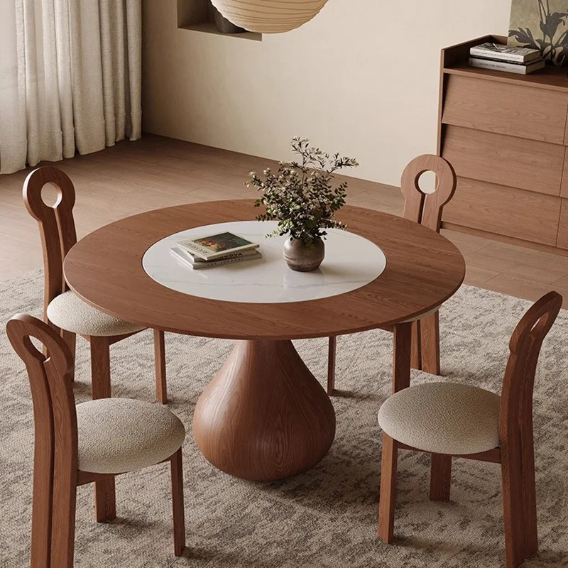 

Французский винтажный круглый обеденный стол из массива дерева с вращающейся столешницей и стульями, текстура ясеня