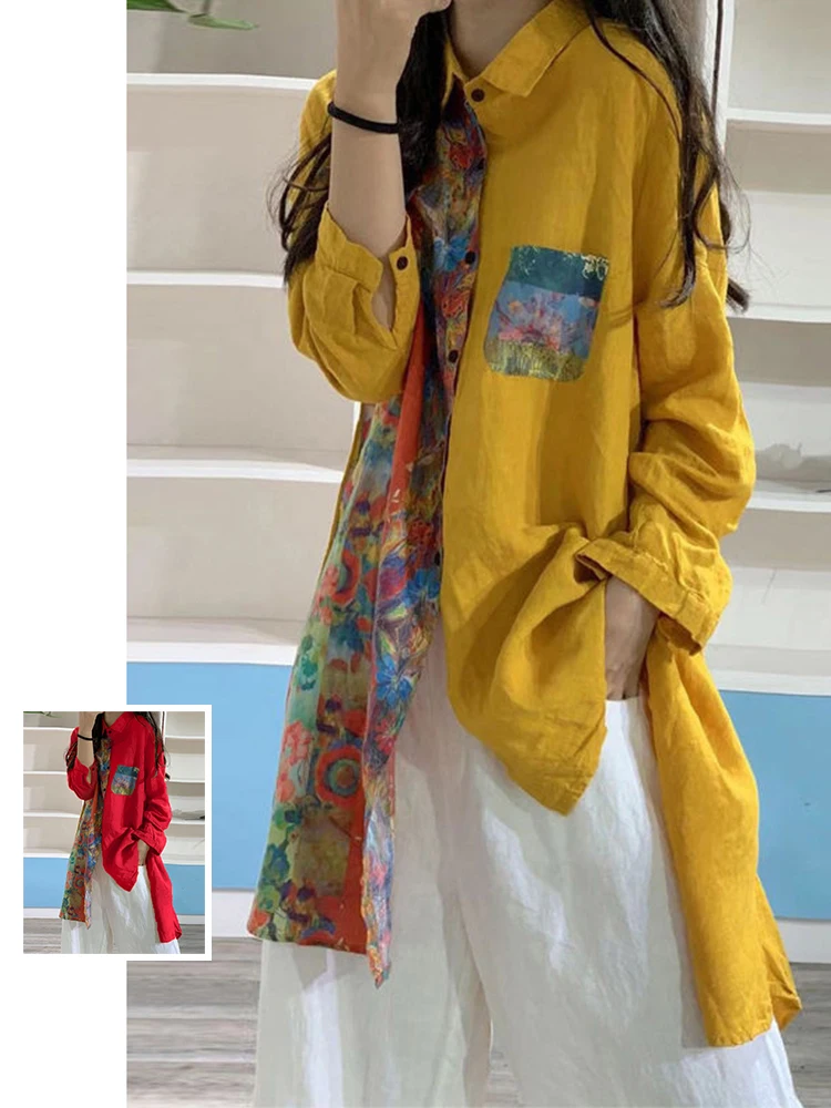 

Faionable Cotton Linen Set Women's plus Size Trendy Color Blo Print Asymmetrical Long Sve irt High Waist Wide Leg Pa...