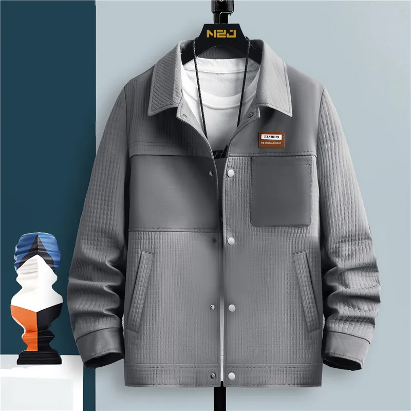 

Spring Autumn Men's Jaet Casual Faion Collar Patchwork Buttoned Workwear irt Sli Outerwear Polyester Fiber