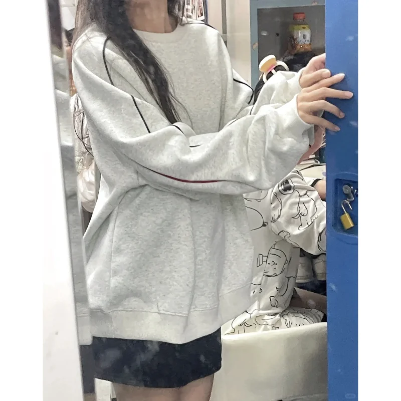 

Gray Striped Patchwork Sudadera Mujer Long Sleeve Women Y2k Loose Hoodies High Street American Preppy Style Sweatshirts