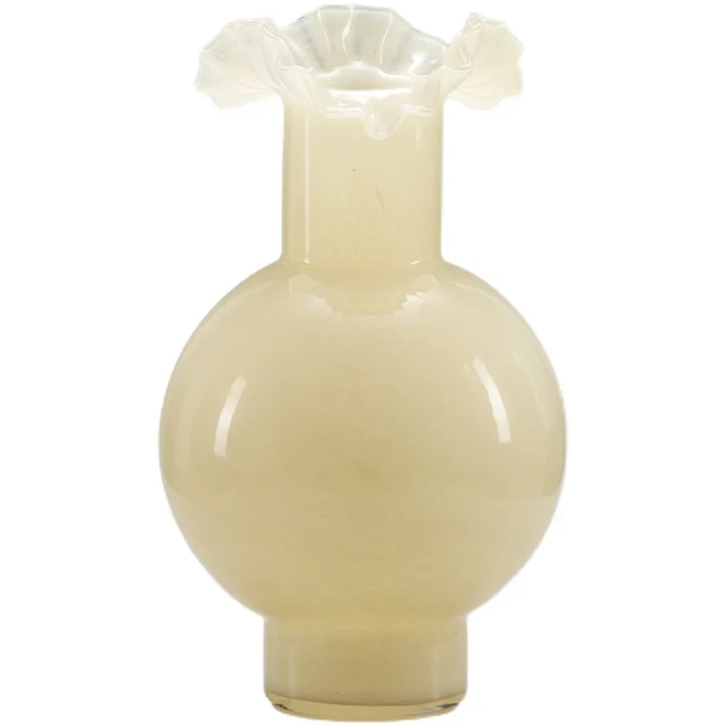 

Medieval pleated lace milk yellow bright porcelain jade hydroponic big belly glass vase advanced home flower arrangement