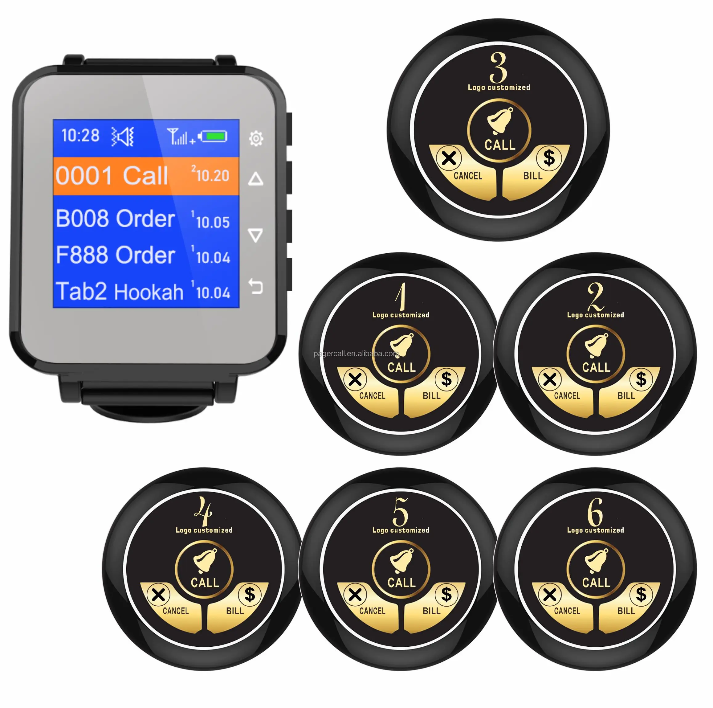 

Wireless Pager Restaurant Waiter Calling System with Wrist Watch and Customized Call Button Available in Different Languages