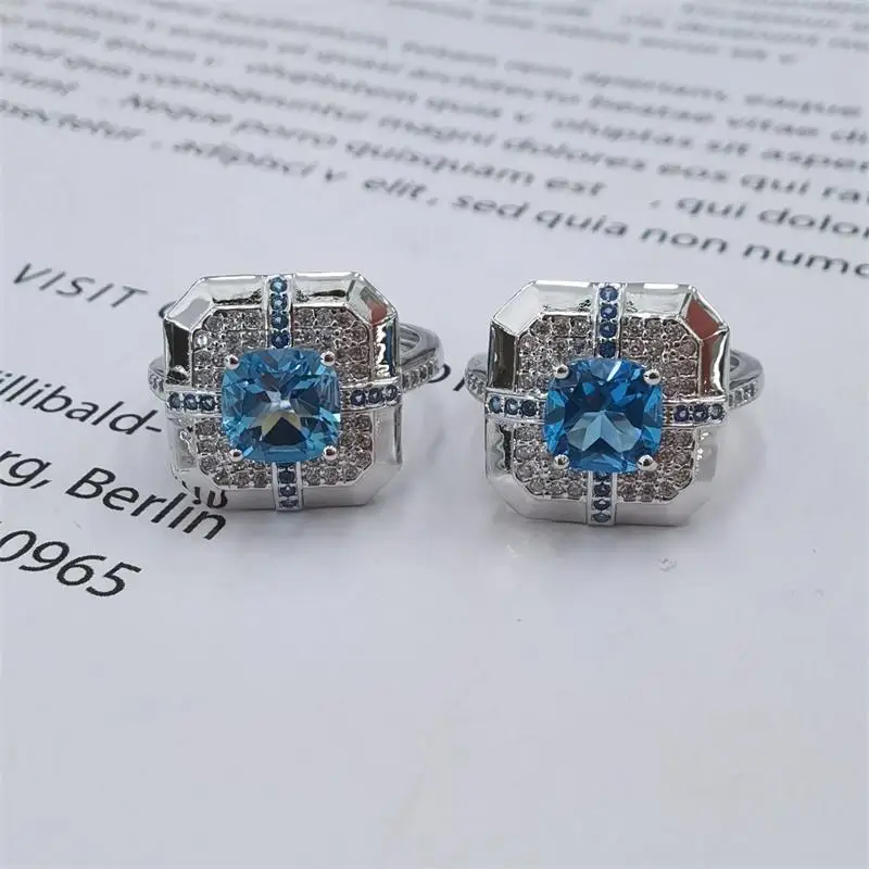 Best Seller ZECAA Topaz Fine Jewelry Lady Topaz Ring With Natural Switzerland Blue Gemstone 7*7mm Best Lady Topaz Ring Jewelry