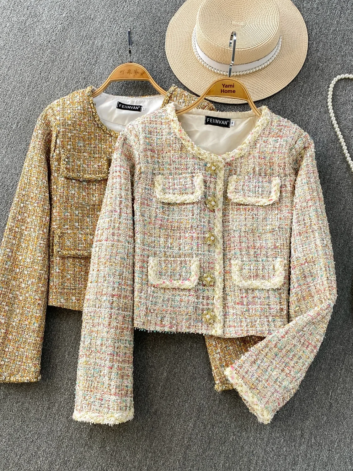 

Женский твидовый топ на пуговицах Ele с жемчугом, осенне-зимний утягивающий топ, роскошный тяжелый рабочий свободный крой, круглый длинный...