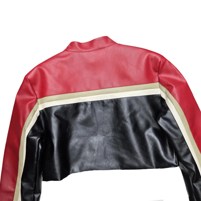 HKSH primavera otoño nueva mujer Pu abrigo de cuero contraste Color Patchwork Moto Biker Chaqueta corta Chic cremallera remache Tops Ins HK12772