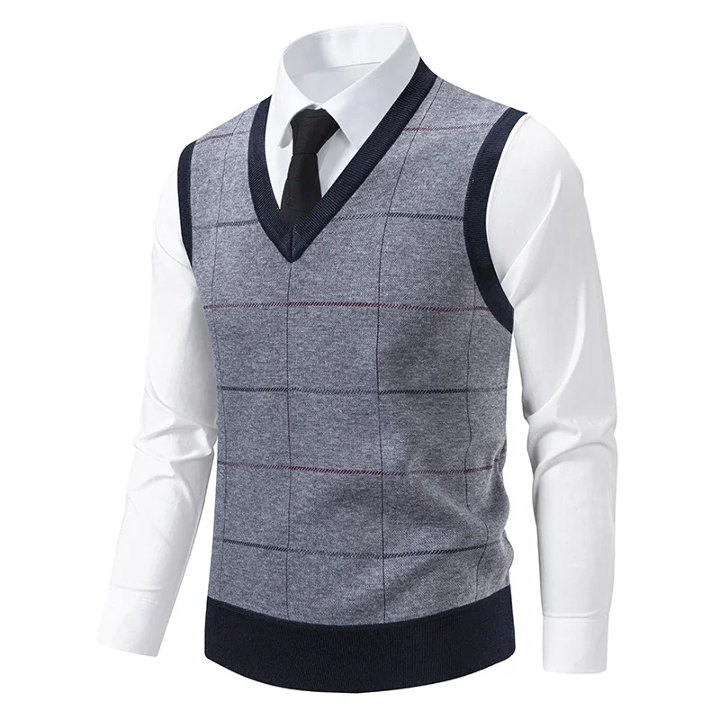 Men's Knitted Warm Sweater in Autumn and Winter V-neck Vest Diamond Grid Twisted Flower Casual Fashion Versatile Top