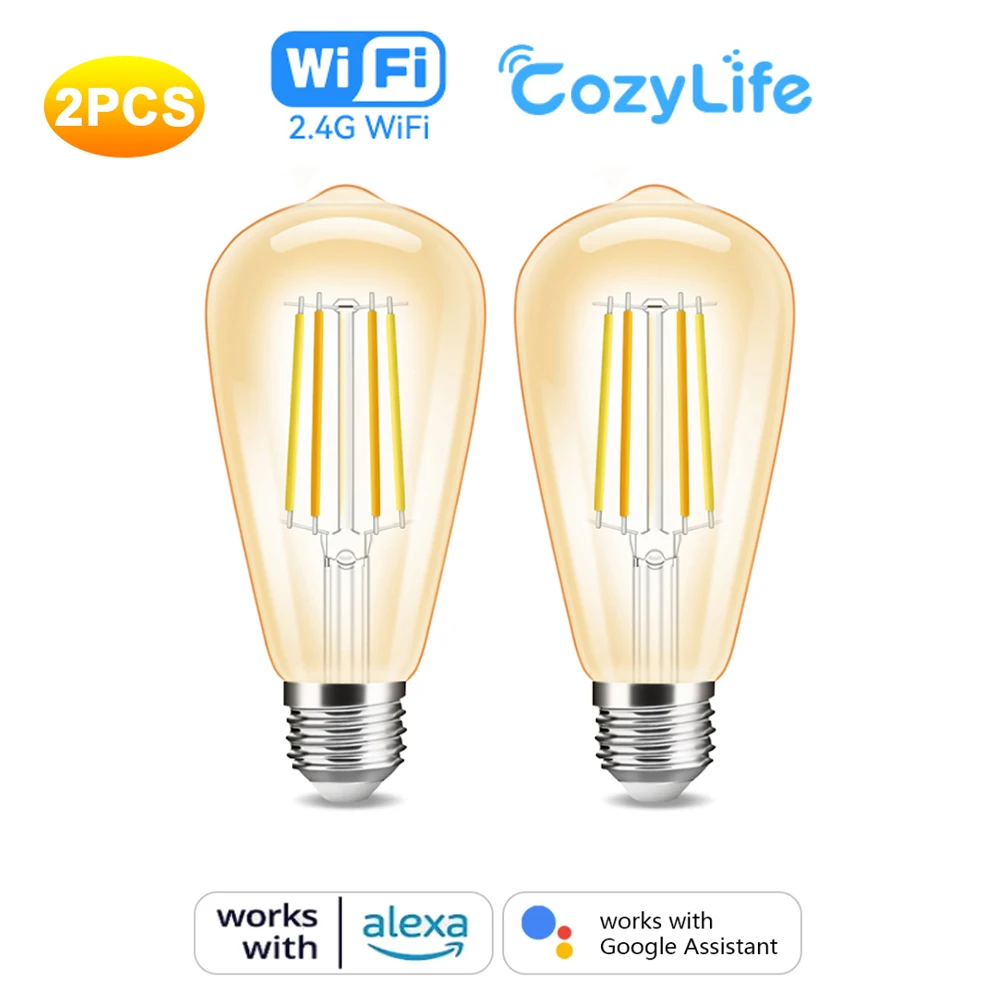 

2 шт. ST64 умная лампа накаливания E27 Wi-Fi светодиодная лампа в стиле ретро CozyLife APP с регулируемой яркостью света теплый белый голос работает с Alexa Google