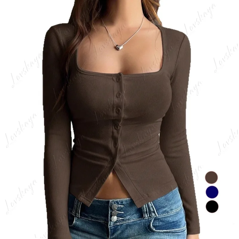 

Women's Clothing Popular Square Neck Long-sleeved Knitted Sweater Autumn and Winter Button-up Bottoming Shirt Top