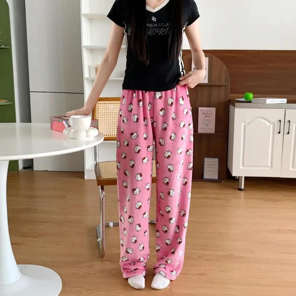

Kawaii Hello Kitty Girls, милые плюшевые пижамные штаны с героями мультфильмов, женские зимние теплые студенческие спальные штаны, свободные повседневные домашние штаны