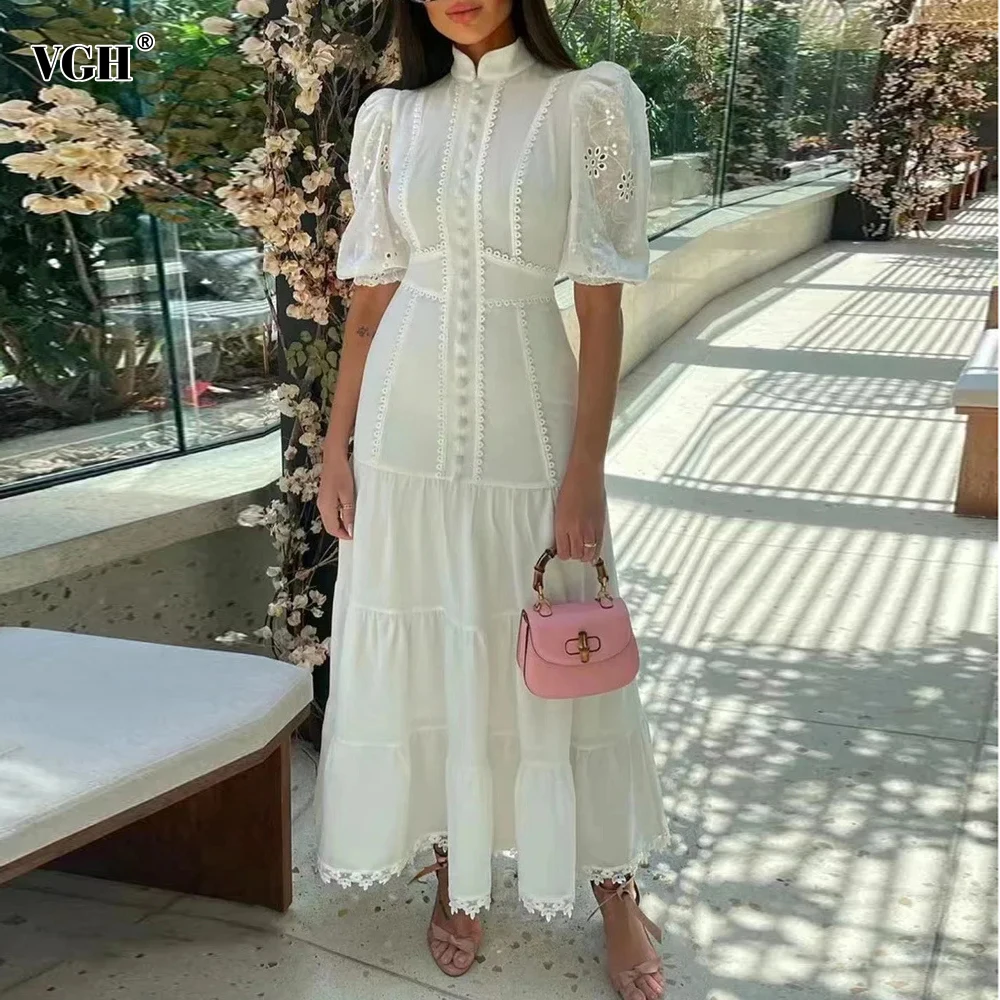 VGH Casual Solid Dress For Women Stand Collar Short Puff Sleeve High Waist Patchwork Lace Long Dresses Female Fashion Clothing