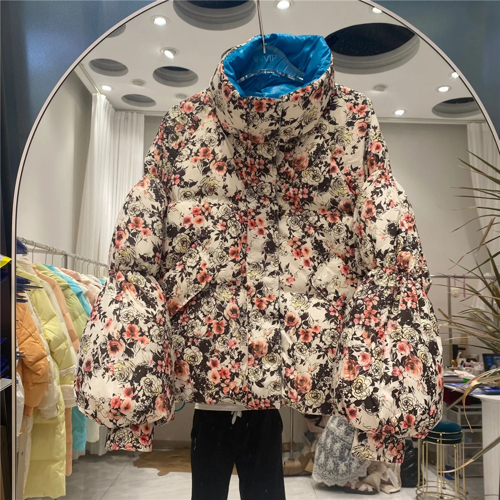 Winter New Short Down Jacket For Women Korean Stand Collar Fashion Vintage Floral Print Down Parka Female Puffer Coat Y3121