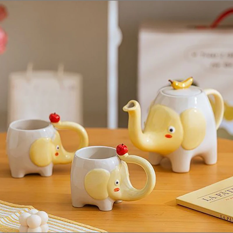 European Ceramic Elephant Kettle Set Delicate Tea Accessories Home Use One Kettle with Two Cups Breakfast Milk Coffee Cup Gifts