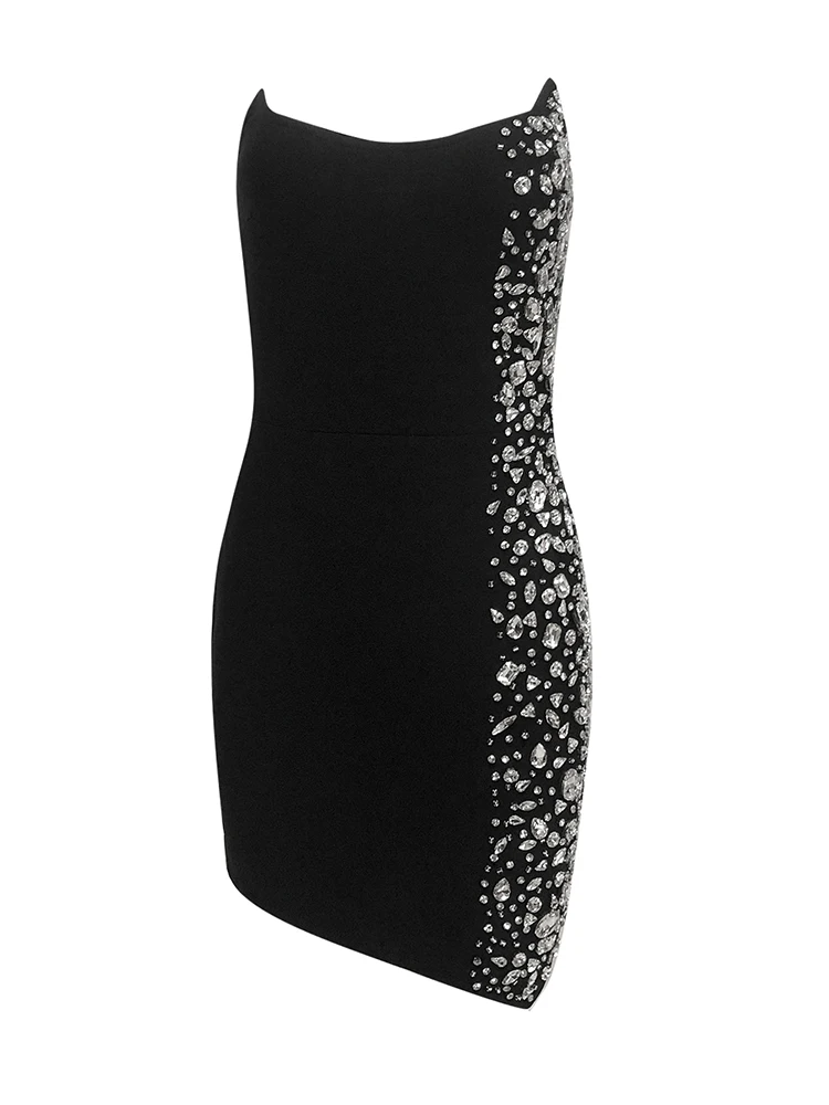 Abito sexy dalla fasciatura con perline di cristallo scintillante senza spalline da donna Mini abiti aderenti con diamanti neri senza maniche Celebrity Cocktail